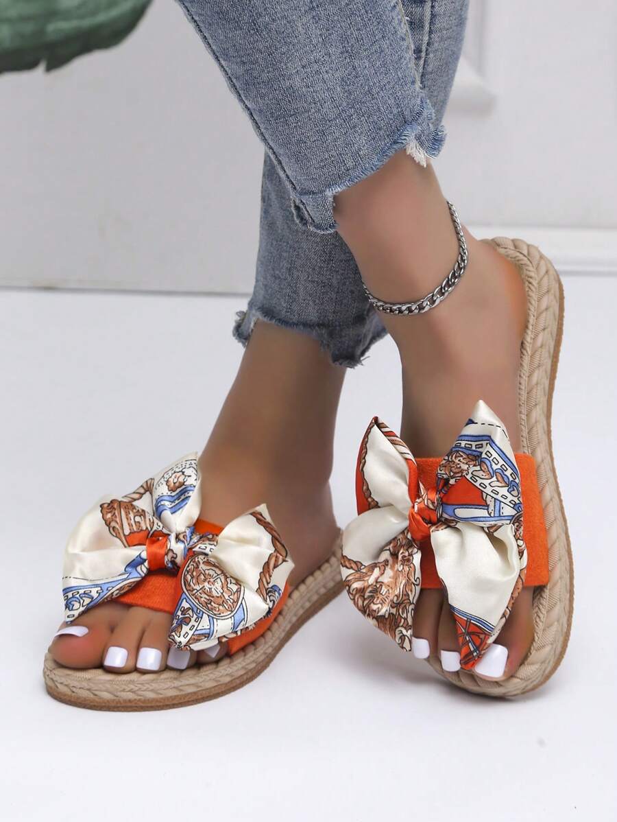 Women Bow Decor Slide Sandals, Vacation Summer Faux Suede Flat Sandals Valentines-3