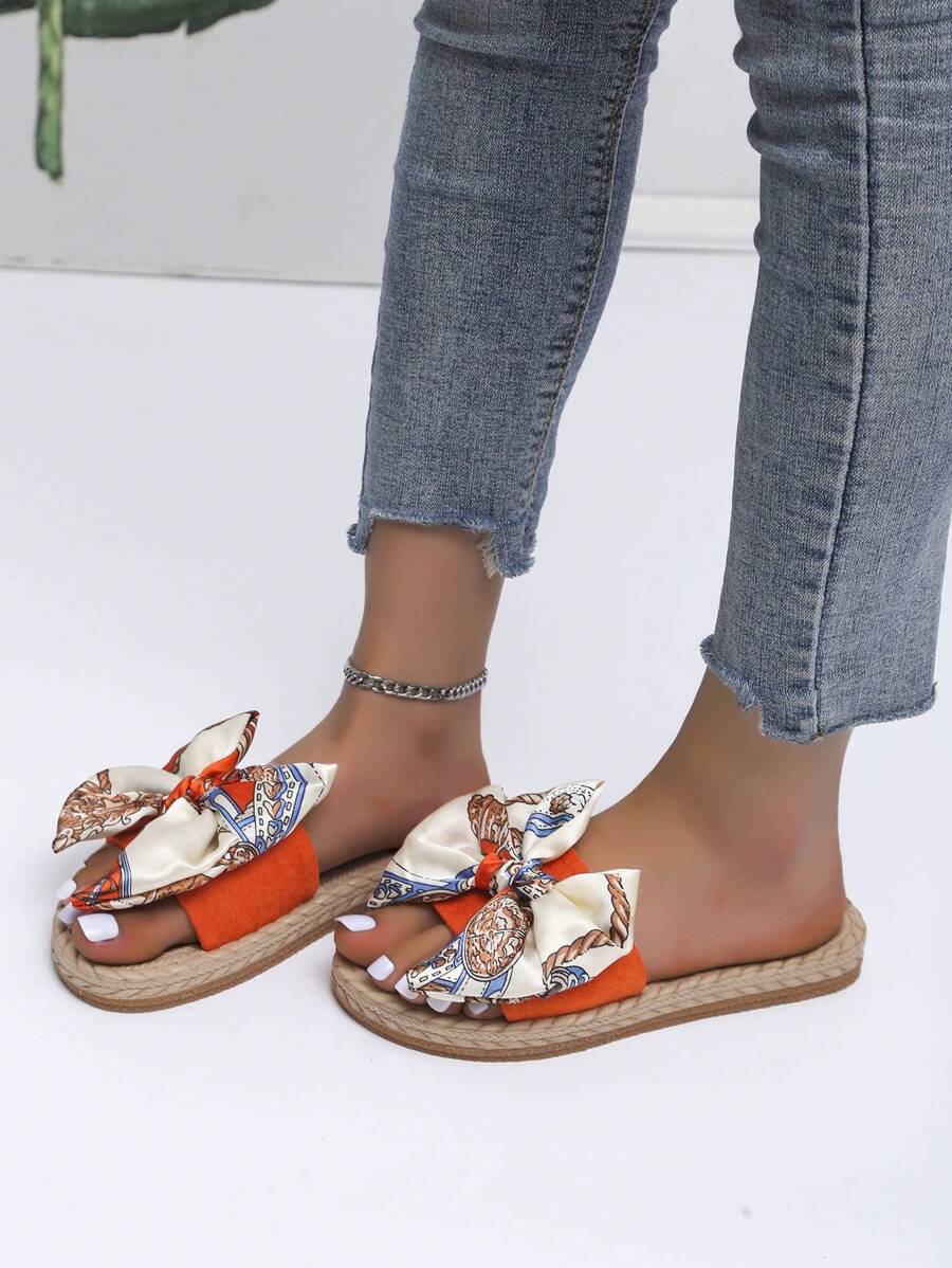 Women Bow Decor Slide Sandals, Vacation Summer Faux Suede Flat Sandals Valentines-4