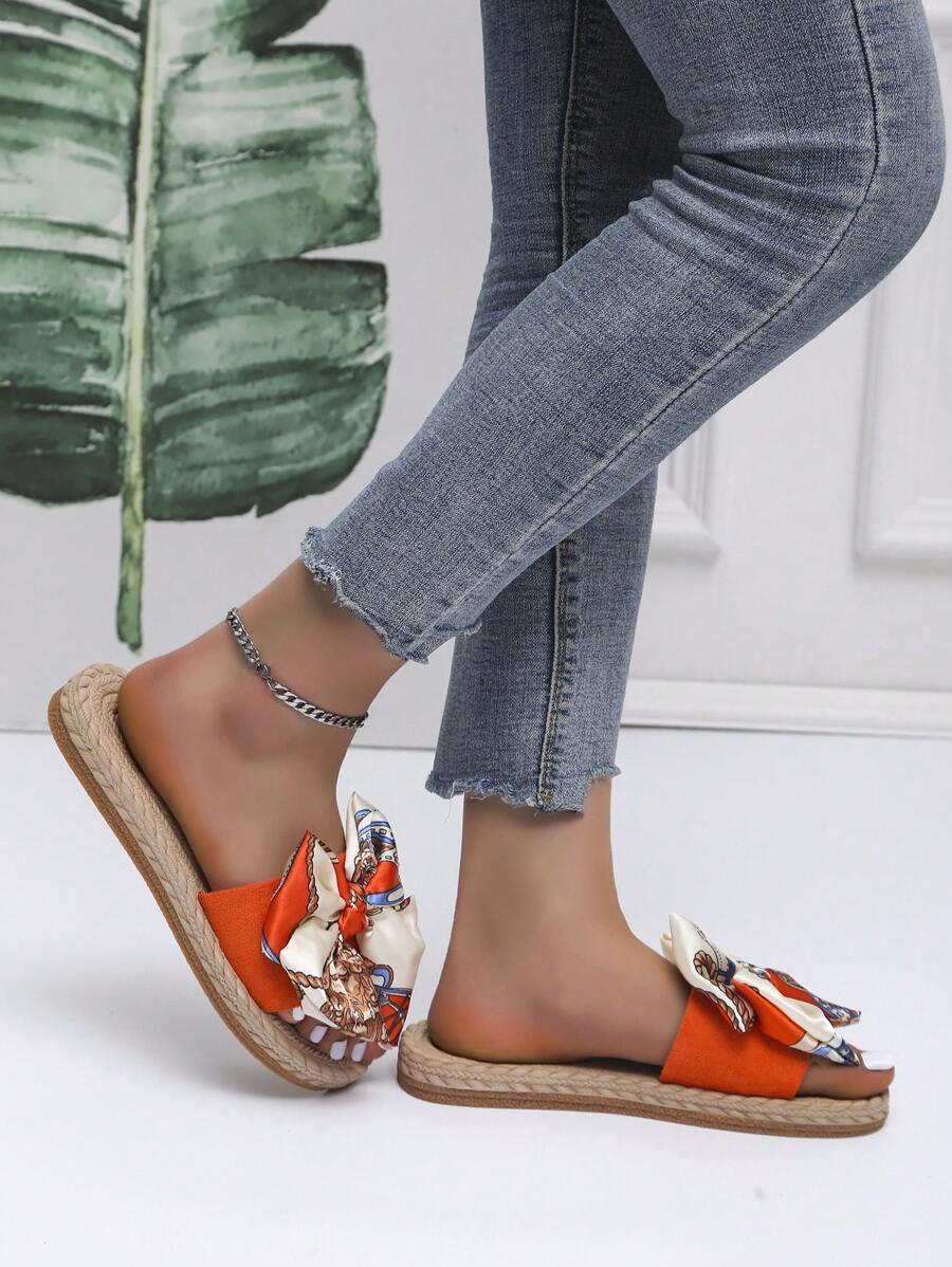 Women Bow Decor Slide Sandals, Vacation Summer Faux Suede Flat Sandals Valentines-5