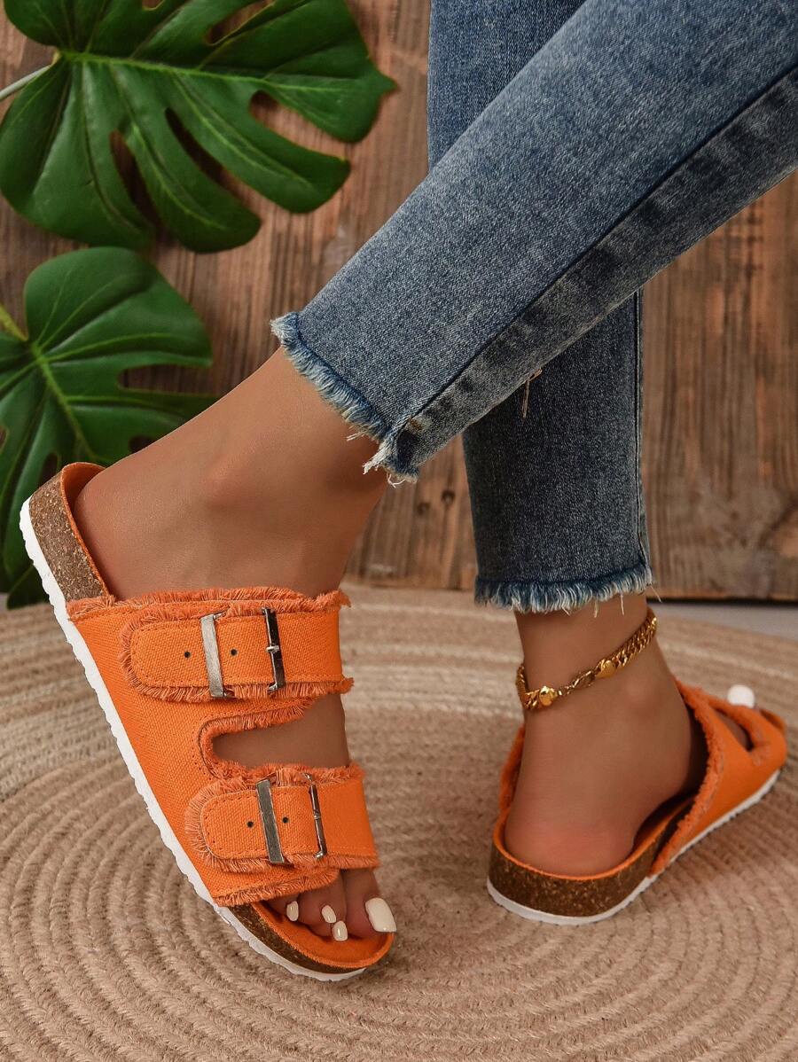 Women Buckle Decor Raw Trim Slide Sandals, Funky Summer Flat Sandals-2
