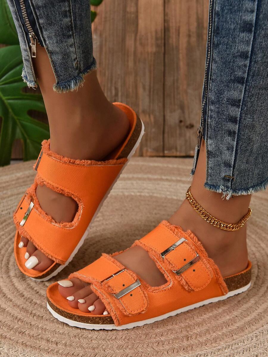 Women Buckle Decor Raw Trim Slide Sandals, Funky Summer Flat Sandals-3