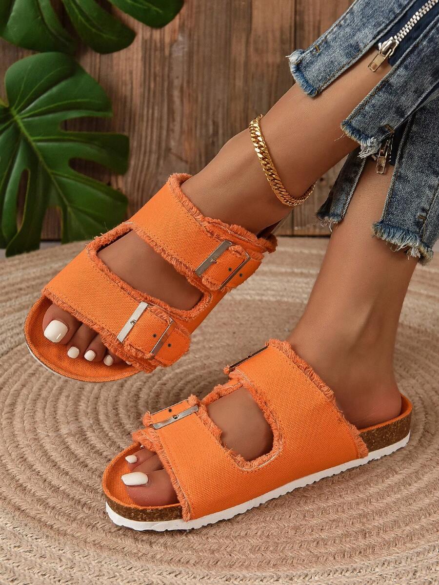 Women Buckle Decor Raw Trim Slide Sandals, Funky Summer Flat Sandals-4
