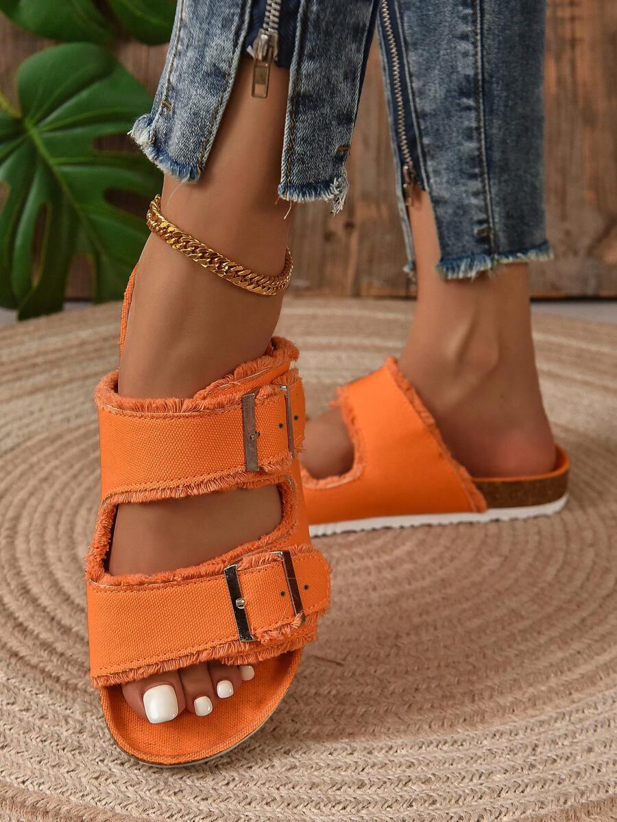 Women Buckle Decor Raw Trim Slide Sandals, Funky Summer Flat Sandals-5