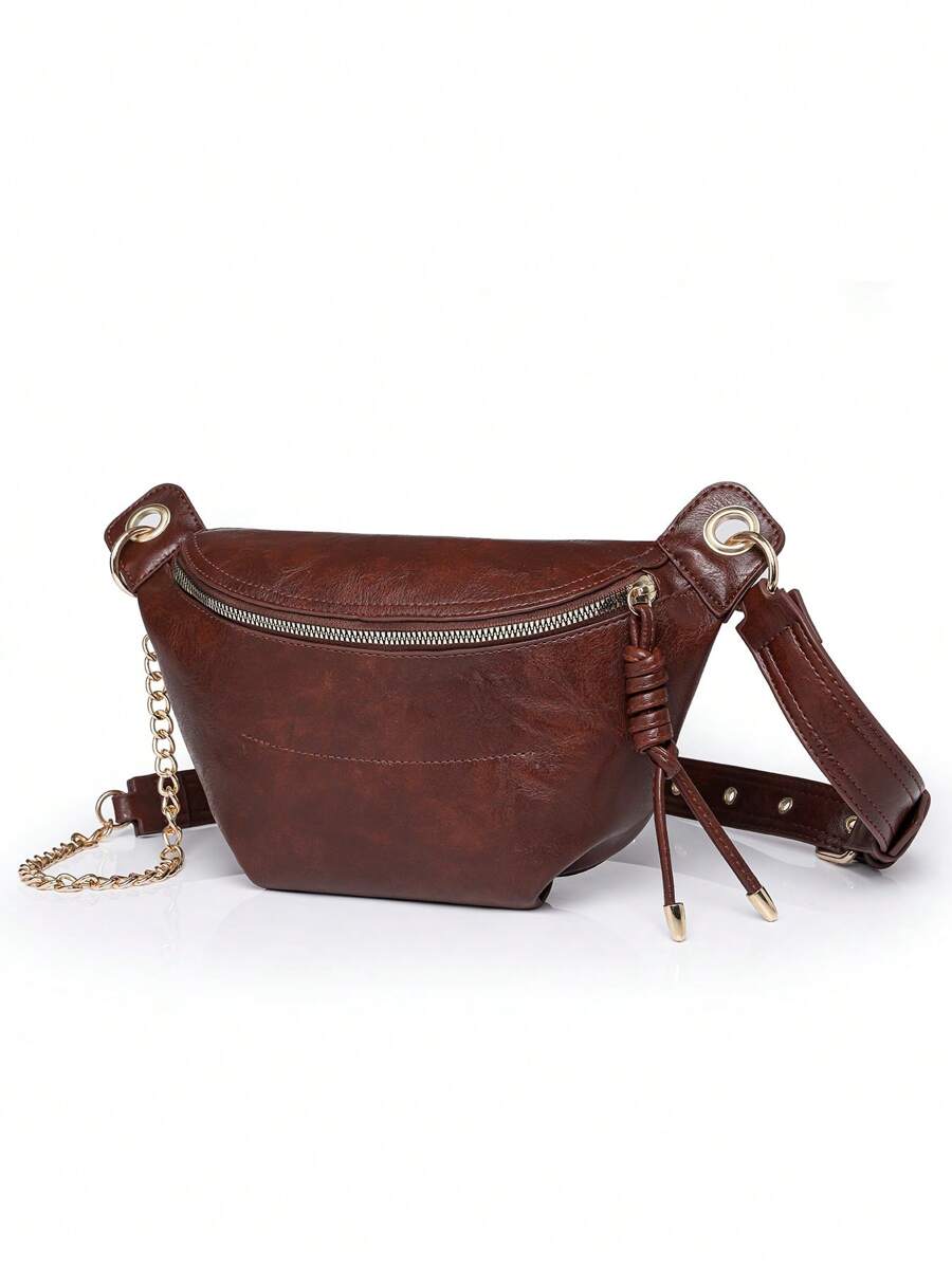 Women Fashion Chain Strap Chest Bag PU Material Zipper Closure Portable Small Bag Waist Bag-3