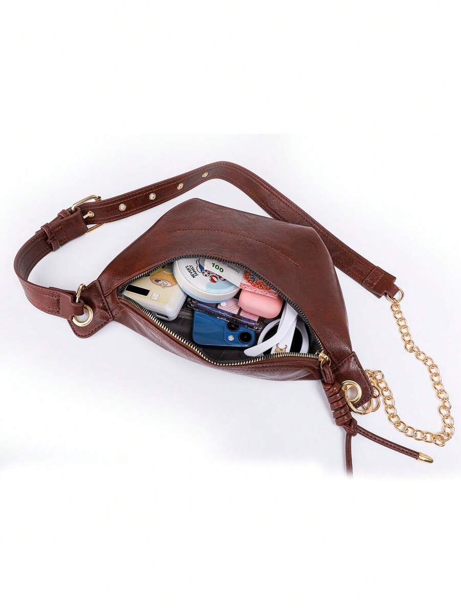 Women Fashion Chain Strap Chest Bag PU Material Zipper Closure Portable Small Bag Waist Bag-7