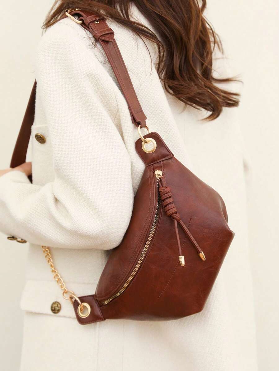 Women Fashion Chain Strap Chest Bag PU Material Zipper Closure Portable Small Bag Waist Bag-9