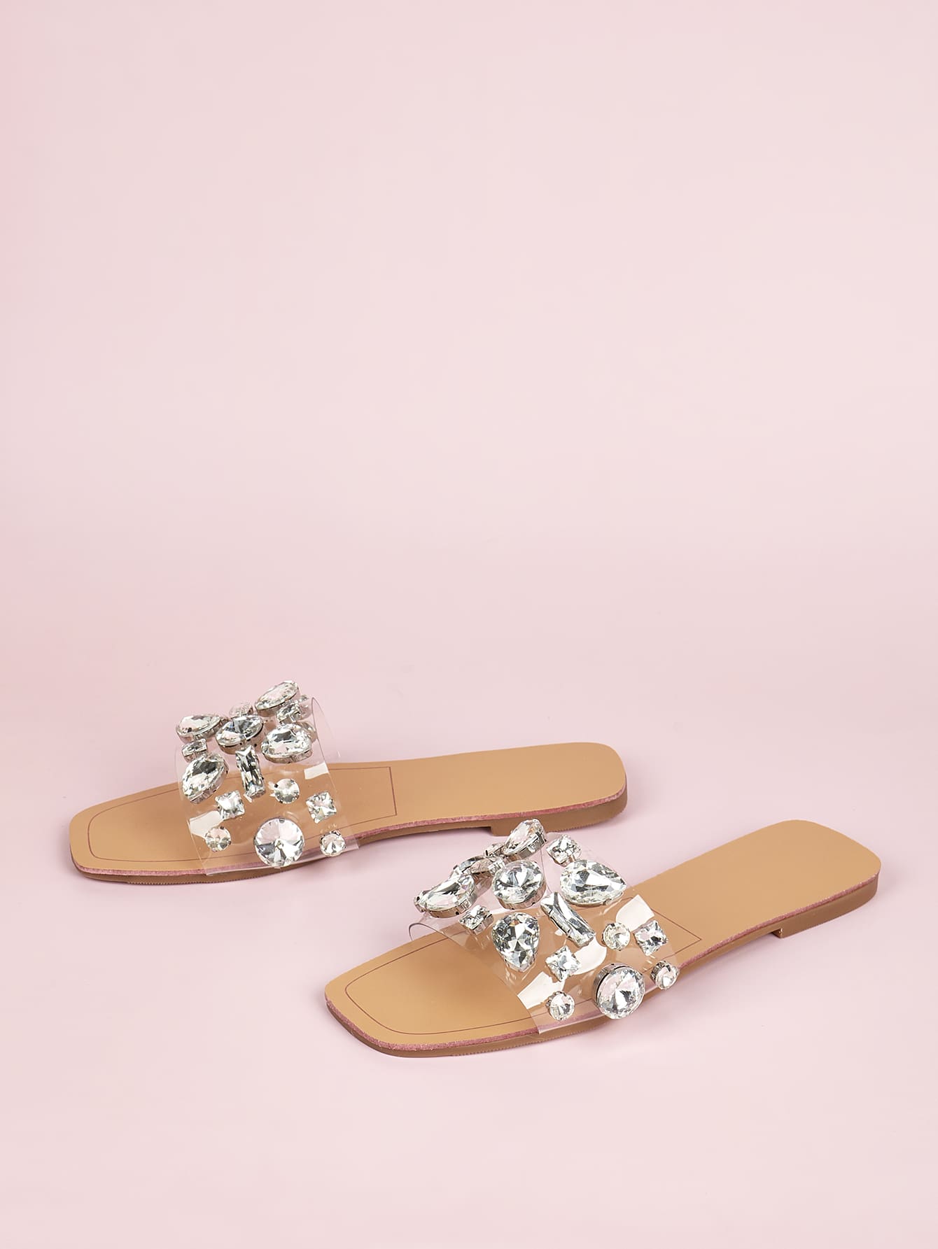 Women Gemstone Decor Slide Sandals, Glamorous Open Toe Flat Sandals-2