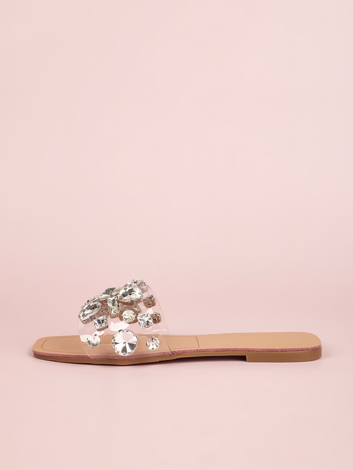 Women Gemstone Decor Slide Sandals, Glamorous Open Toe Flat Sandals-3