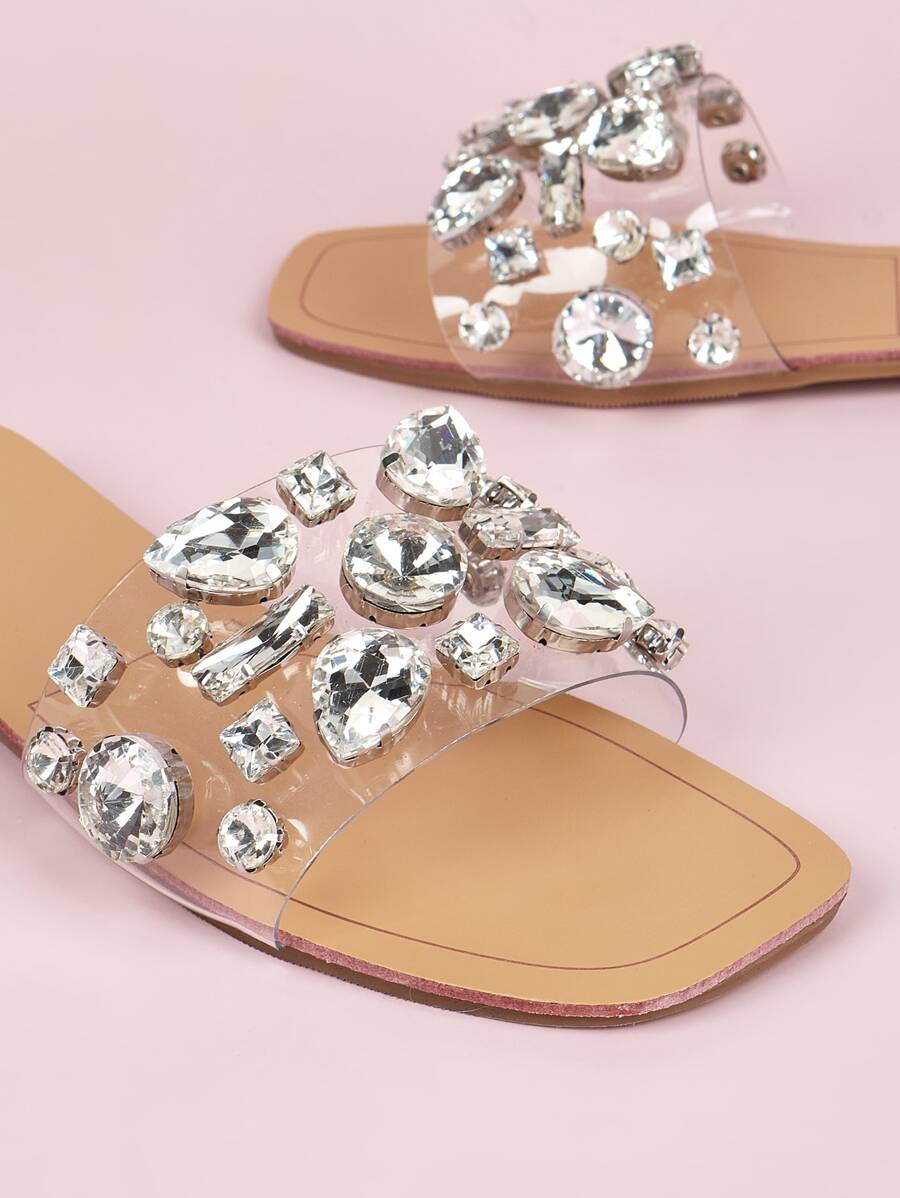Women Gemstone Decor Slide Sandals, Glamorous Open Toe Flat Sandals-4