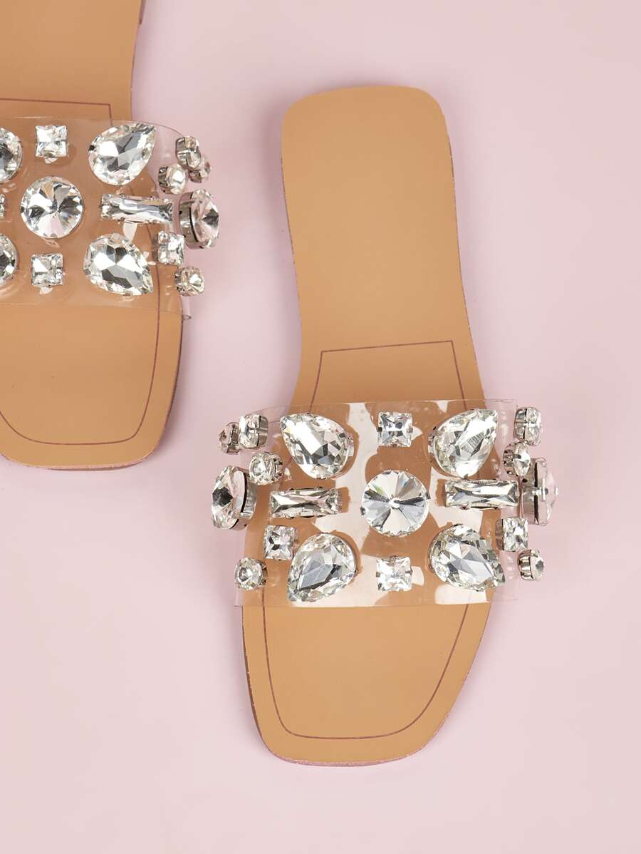 Women Gemstone Decor Slide Sandals, Glamorous Open Toe Flat Sandals-5