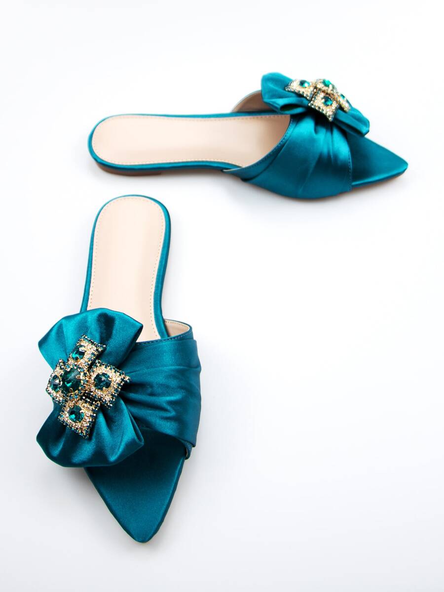 Women Rhinestone & Bow Decor Slide Sandals, Glamorous Summer Satin Flat Sandals-2