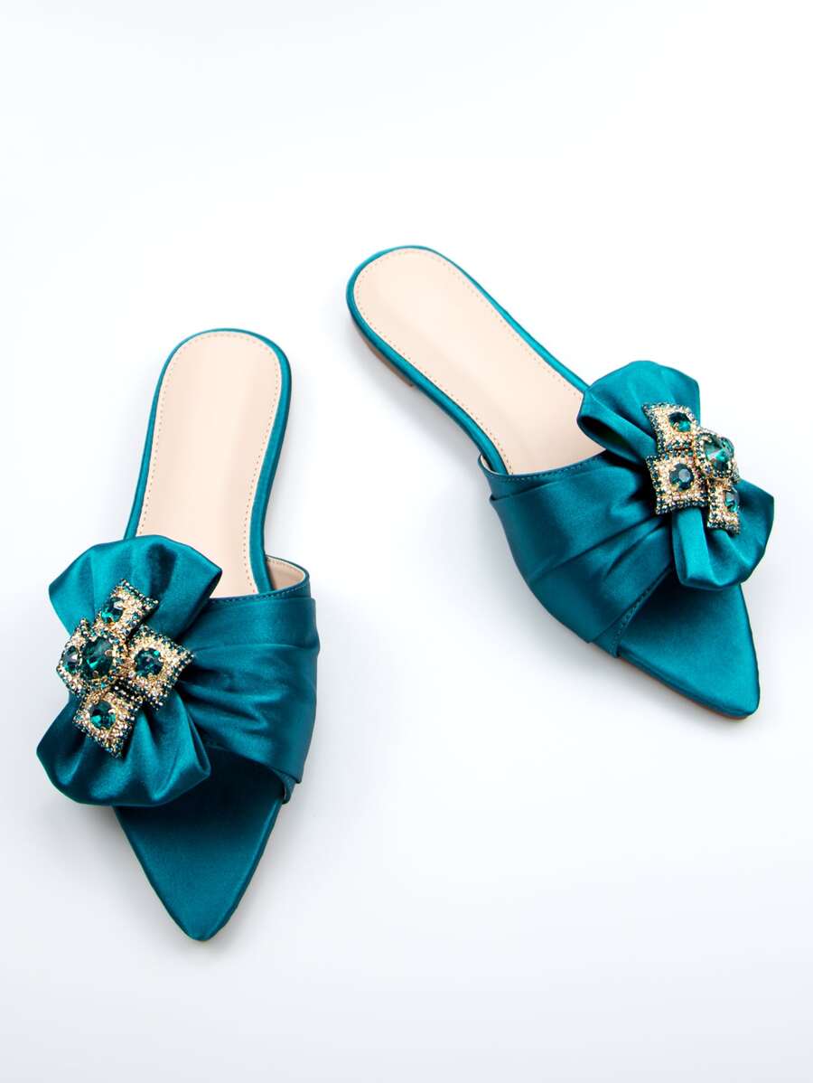 Women Rhinestone & Bow Decor Slide Sandals, Glamorous Summer Satin Flat Sandals-3