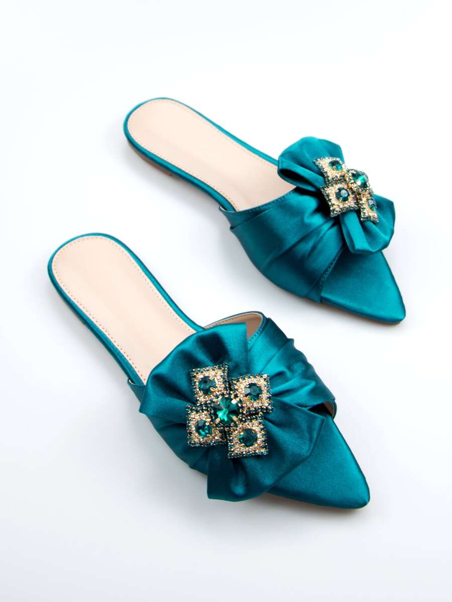Women Rhinestone & Bow Decor Slide Sandals, Glamorous Summer Satin Flat Sandals-4