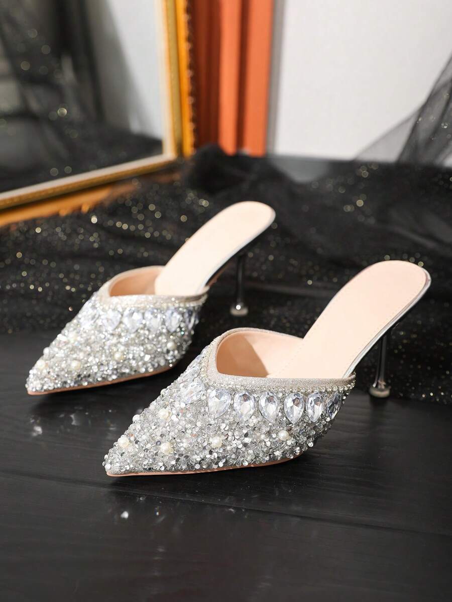 Women Rhinestone Decor Point Toe Stiletto Heeled Pumps silver-5
