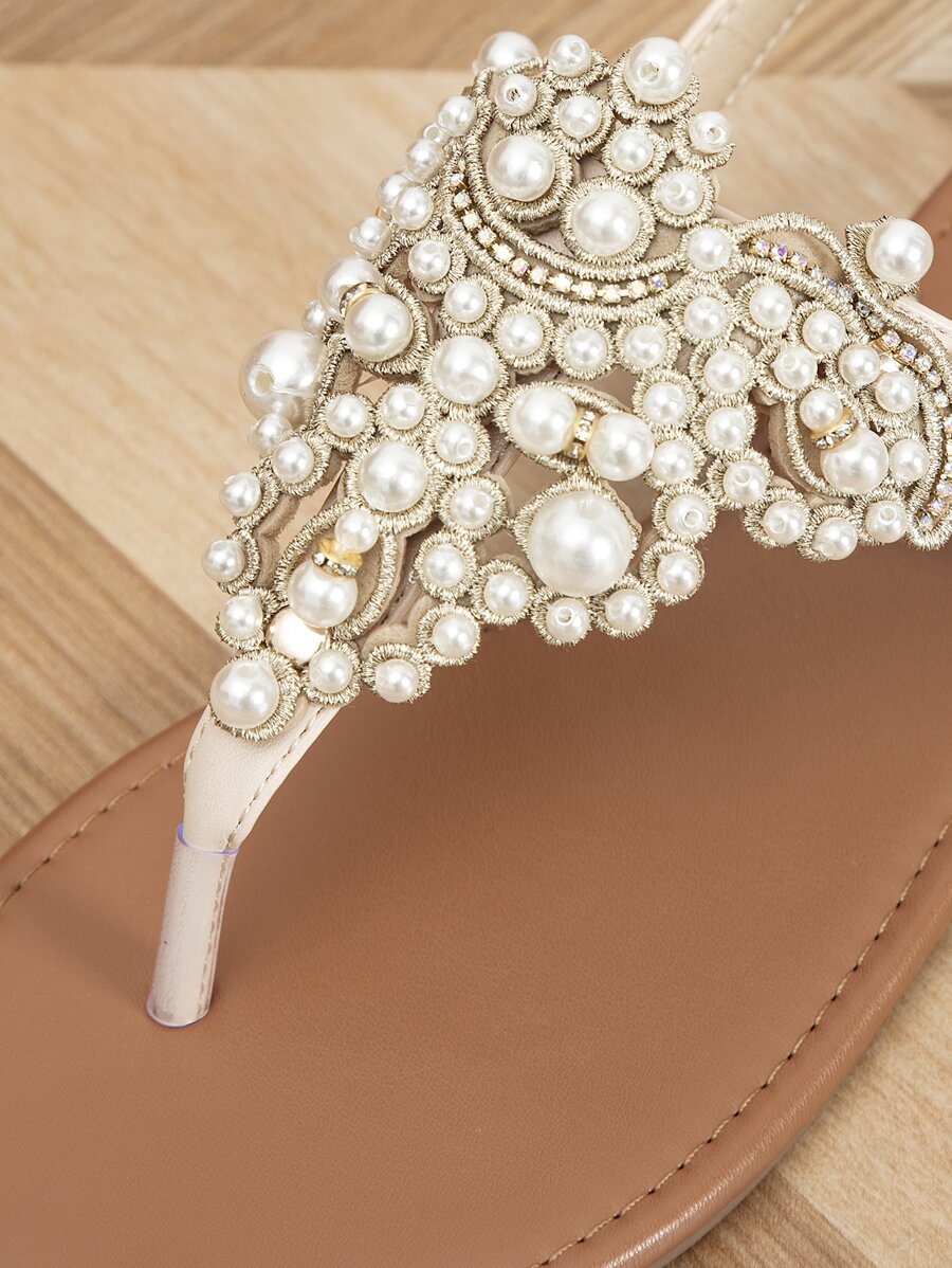 Women Rhinestone & Faux Pearl Decor Slingback Thong Sandals,-3