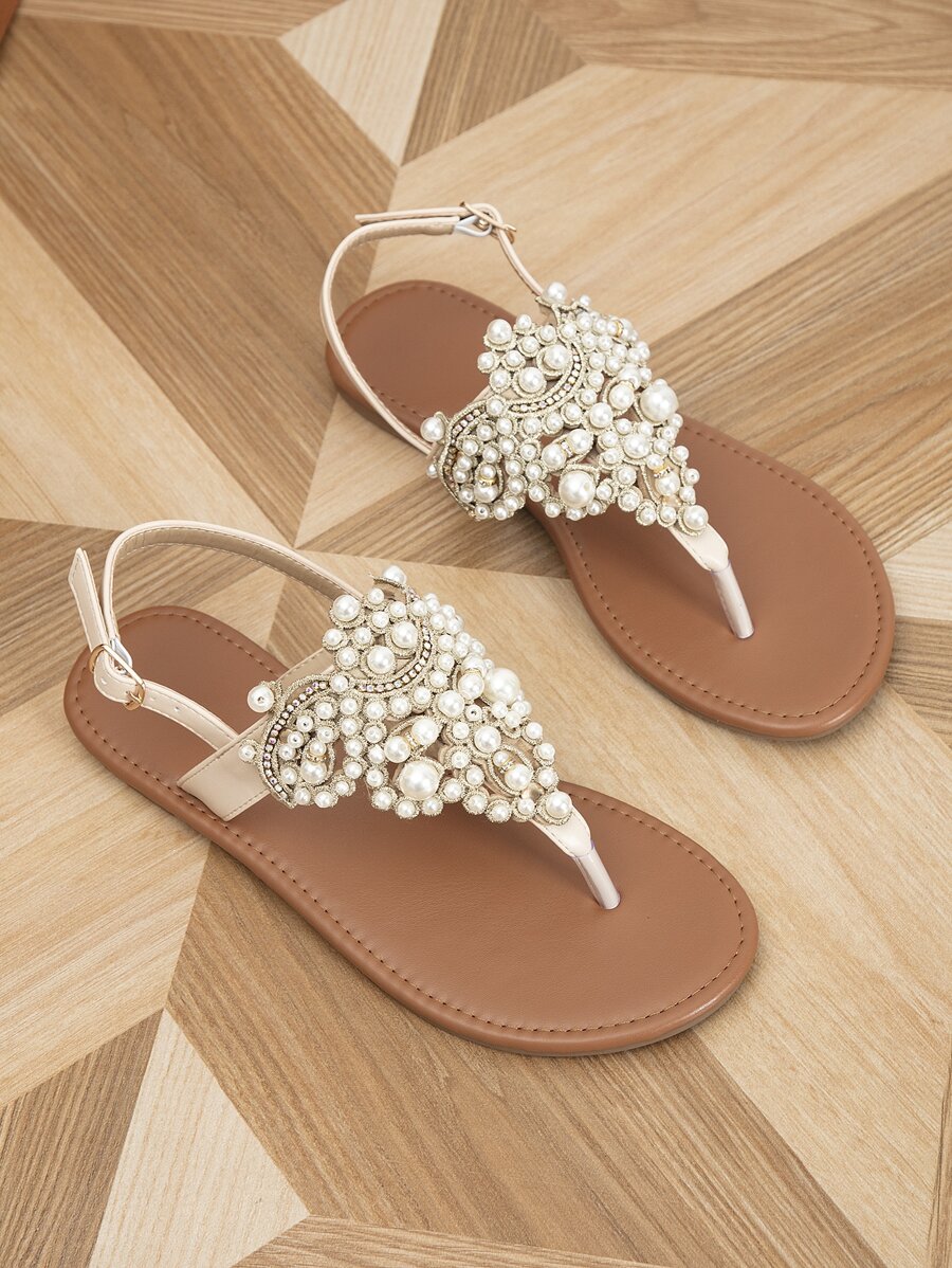 Women Rhinestone & Faux Pearl Decor Slingback Thong Sandals,-5