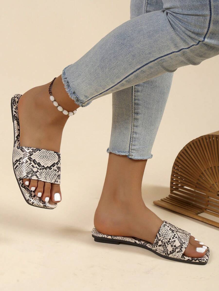 Women Snakeskin Print Slide Sandals, Fashion Summer Flat Sandals-2