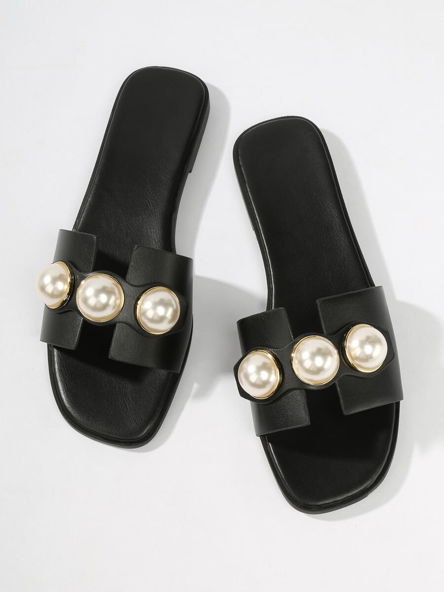 Women's Fashionable Faux Pearl Decor Square Toe Flat Sandals Valentines-2