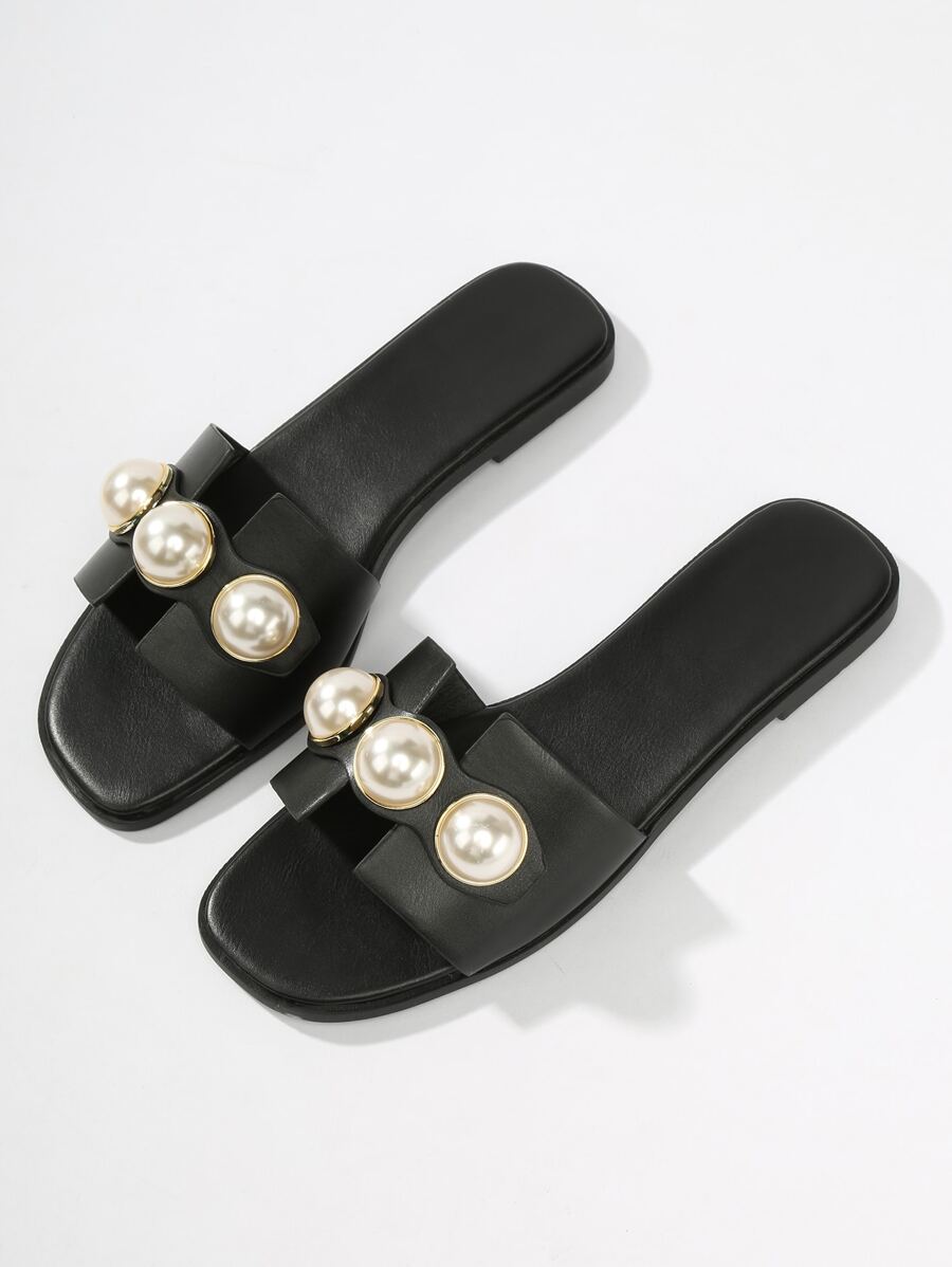 Women's Fashionable Faux Pearl Decor Square Toe Flat Sandals Valentines-3