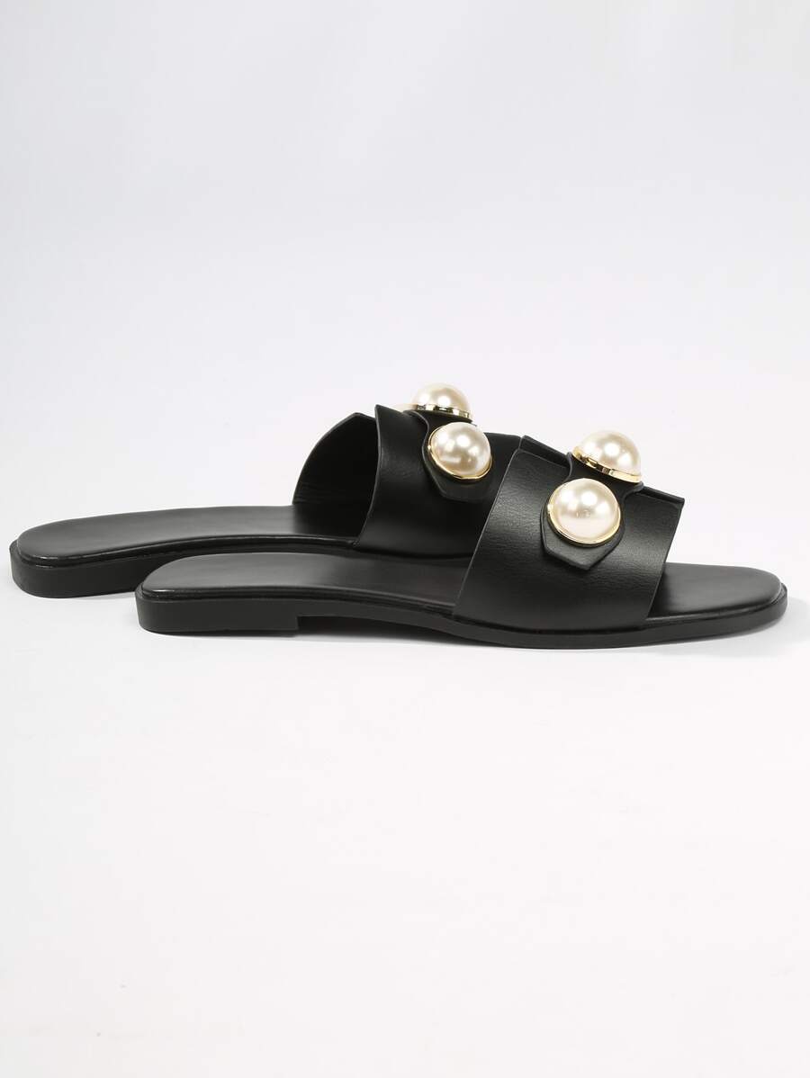 Women's Fashionable Faux Pearl Decor Square Toe Flat Sandals Valentines-4