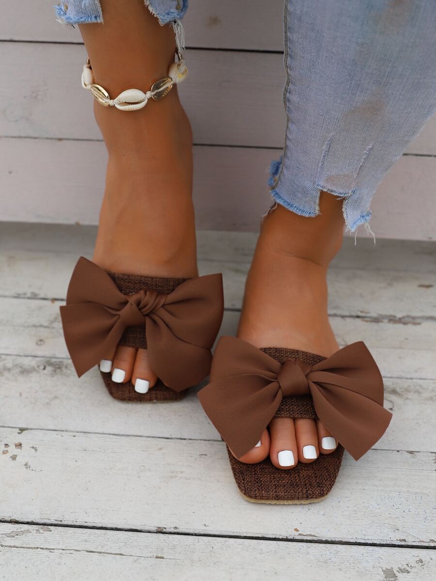 Women's Flat Sandals With Bow Linen Fabric, Comfortable Slip-On Casual Vacation Style Flat Shoes-3