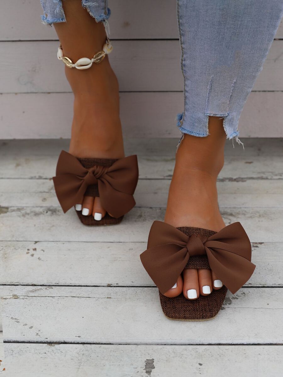 Women's Flat Sandals With Bow Linen Fabric, Comfortable Slip-On Casual Vacation Style Flat Shoes-4
