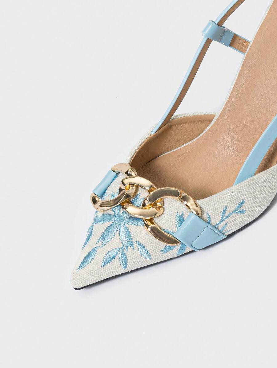 Women's High Heel Sandals With Chain Decor, Pointed Toe Open Back Strap Blue -6