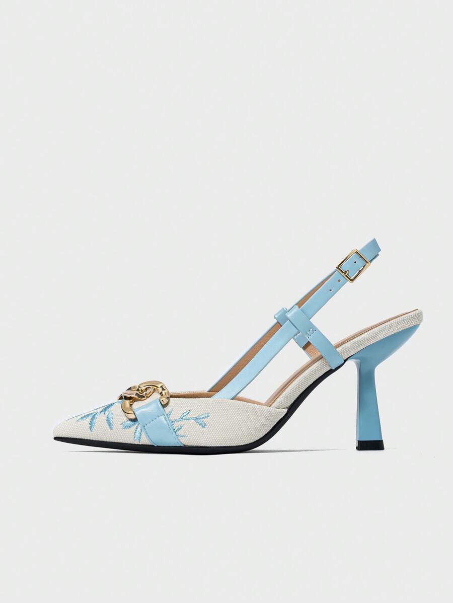 Women's High Heel Sandals With Chain Decor, Pointed Toe Open Back Strap Blue -7