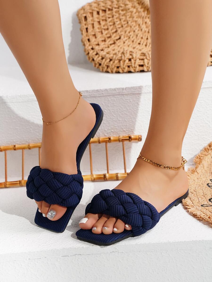 Women's Navy Blue Vacation Woven Strap Solid Color Slide Sandals With Braided Design-6