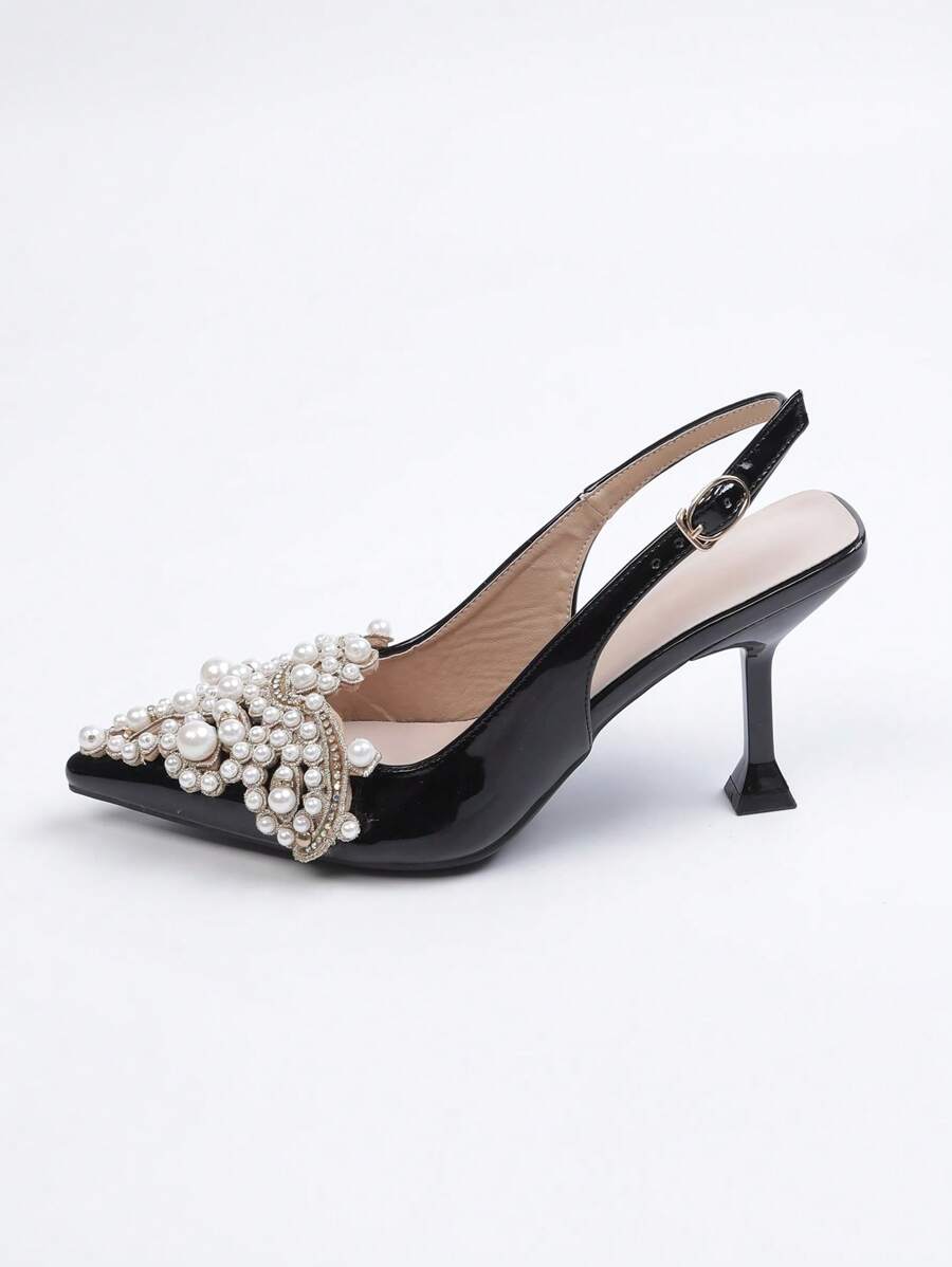 Women's Pearl Decorated Pointed Toe High Heel Pumps black-6