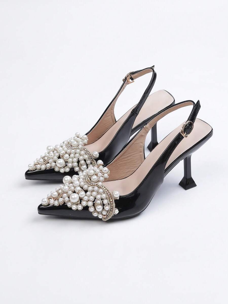 Women's Pearl Decorated Pointed Toe High Heel Pumps black-7