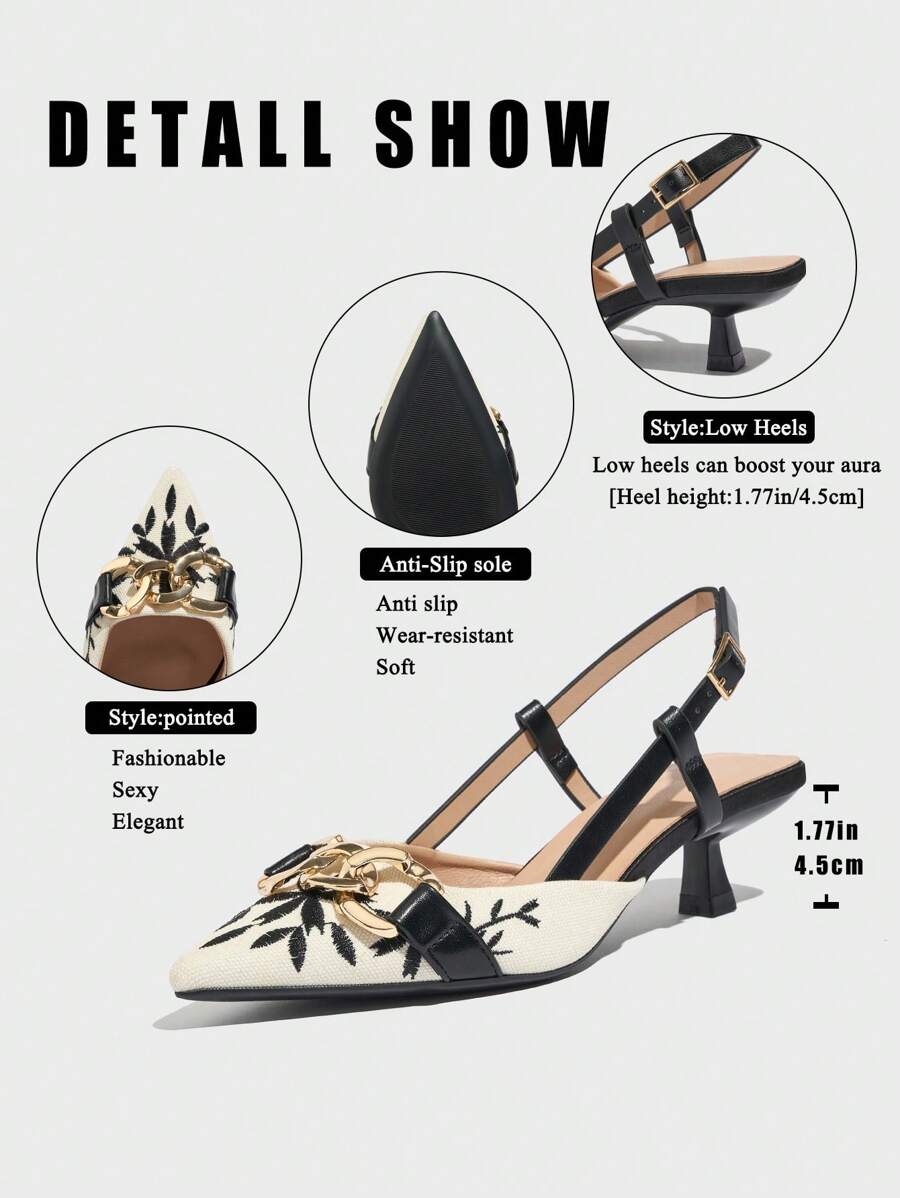 Women's Pointy Toe Chain Embellished Floral Embroidery Kitten Heel Slip-On Pumps mullticolor-4