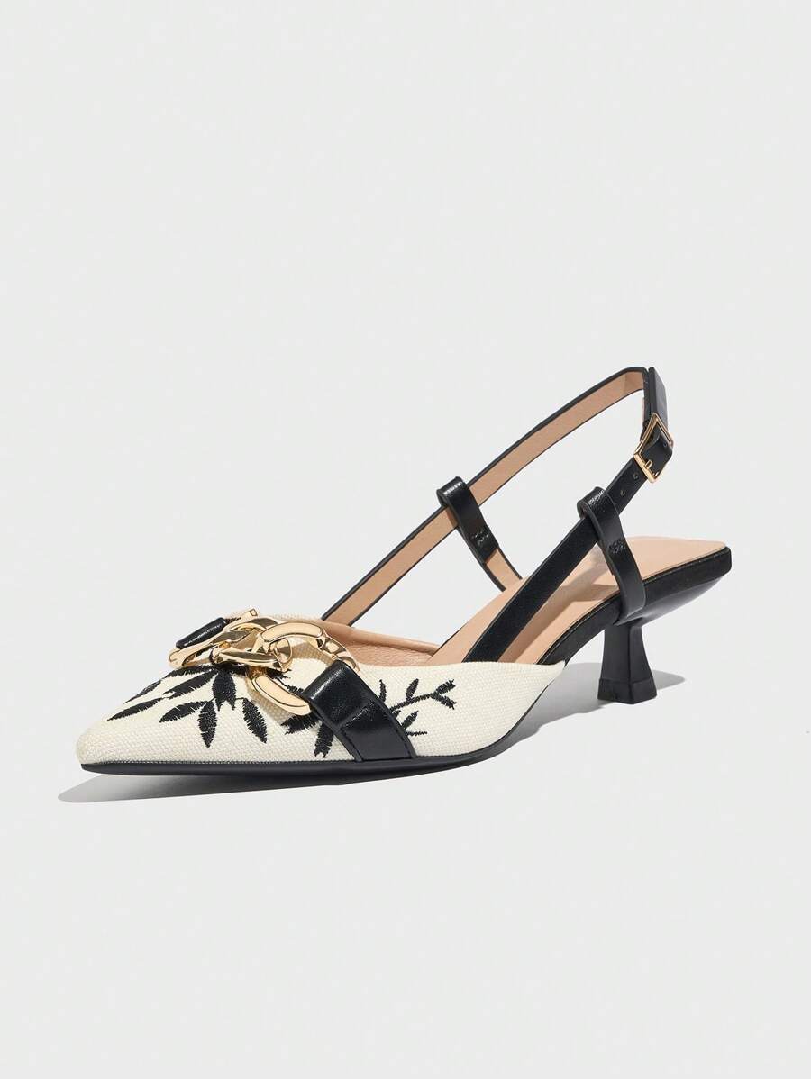 Women's Pointy Toe Chain Embellished Floral Embroidery Kitten Heel Slip-On Pumps mullticolor-5