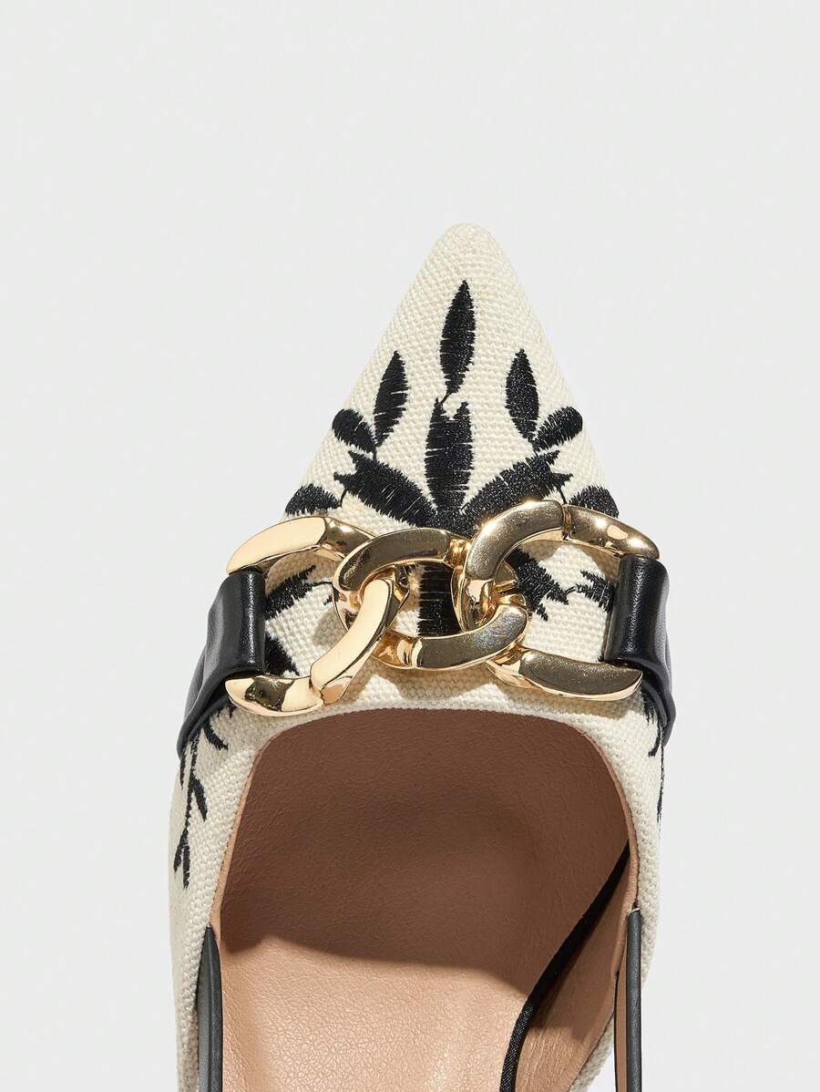 Women's Pointy Toe Chain Embellished Floral Embroidery Kitten Heel Slip-On Pumps mullticolor-7