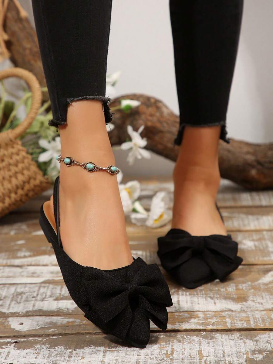 Women's Pointy Toe Slingback Flats With Bowknot Decor, Black Casual Shoes black-4