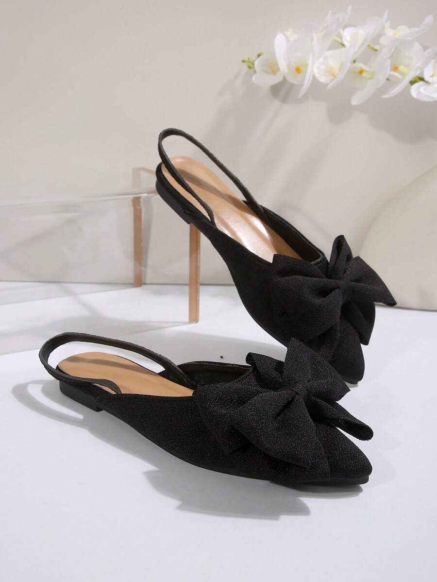 Women's Pointy Toe Slingback Flats With Bowknot Decor, Black Casual Shoes black-6