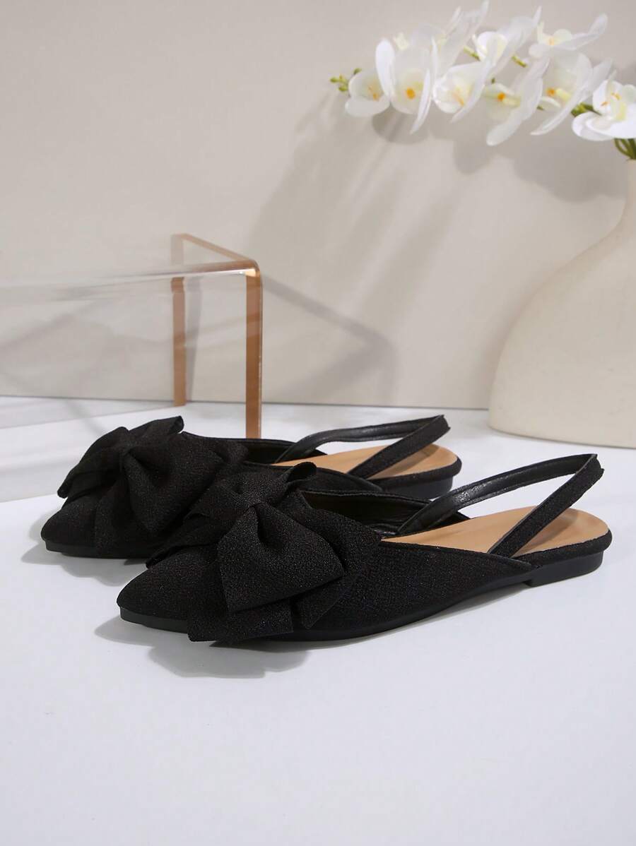 Women's Pointy Toe Slingback Flats With Bowknot Decor, Black Casual Shoes black-7