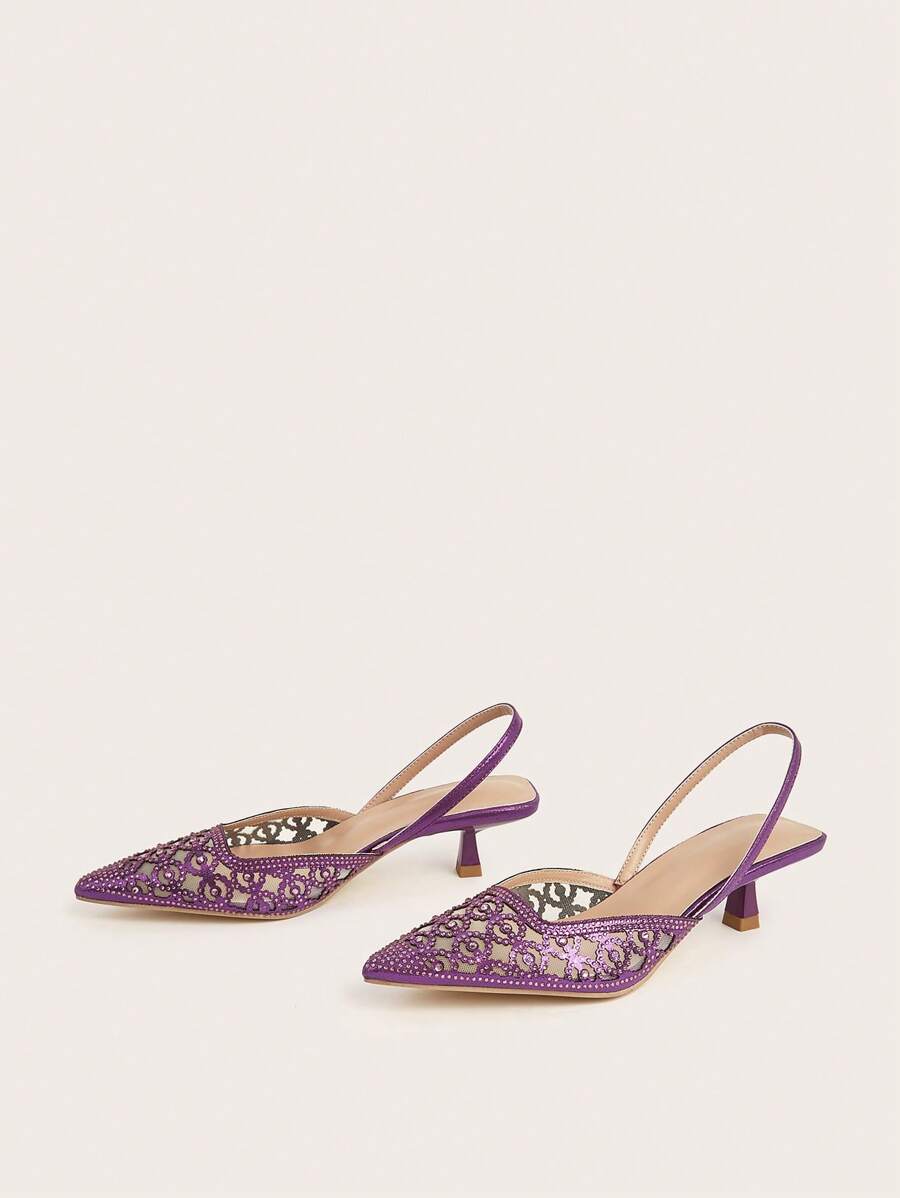 Women's Rhinestone Decorated Kitten Heel, Pointed Toe, Hollow Out-2