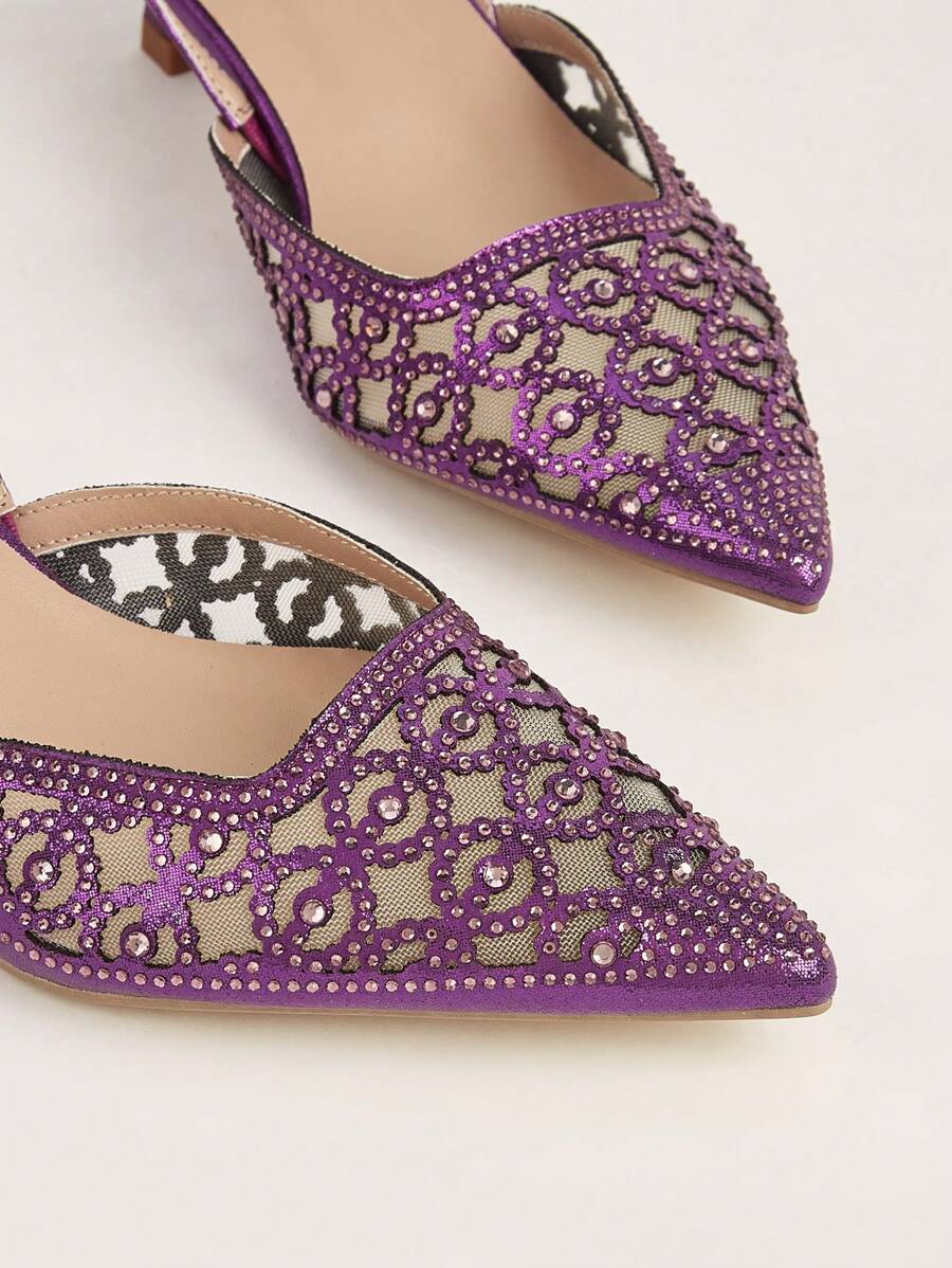 Women's Rhinestone Decorated Kitten Heel, Pointed Toe, Hollow Out-4