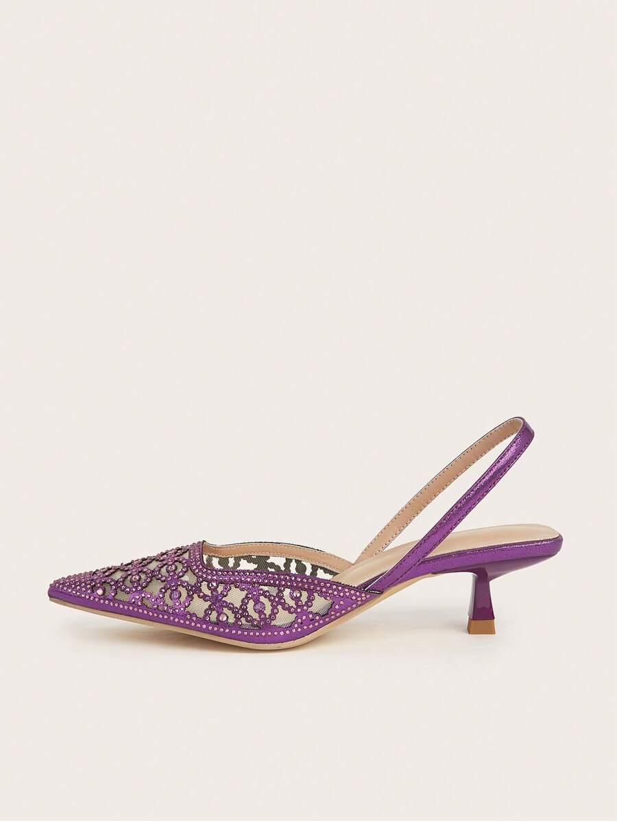Women's Rhinestone Decorated Kitten Heel, Pointed Toe, Hollow Out-5