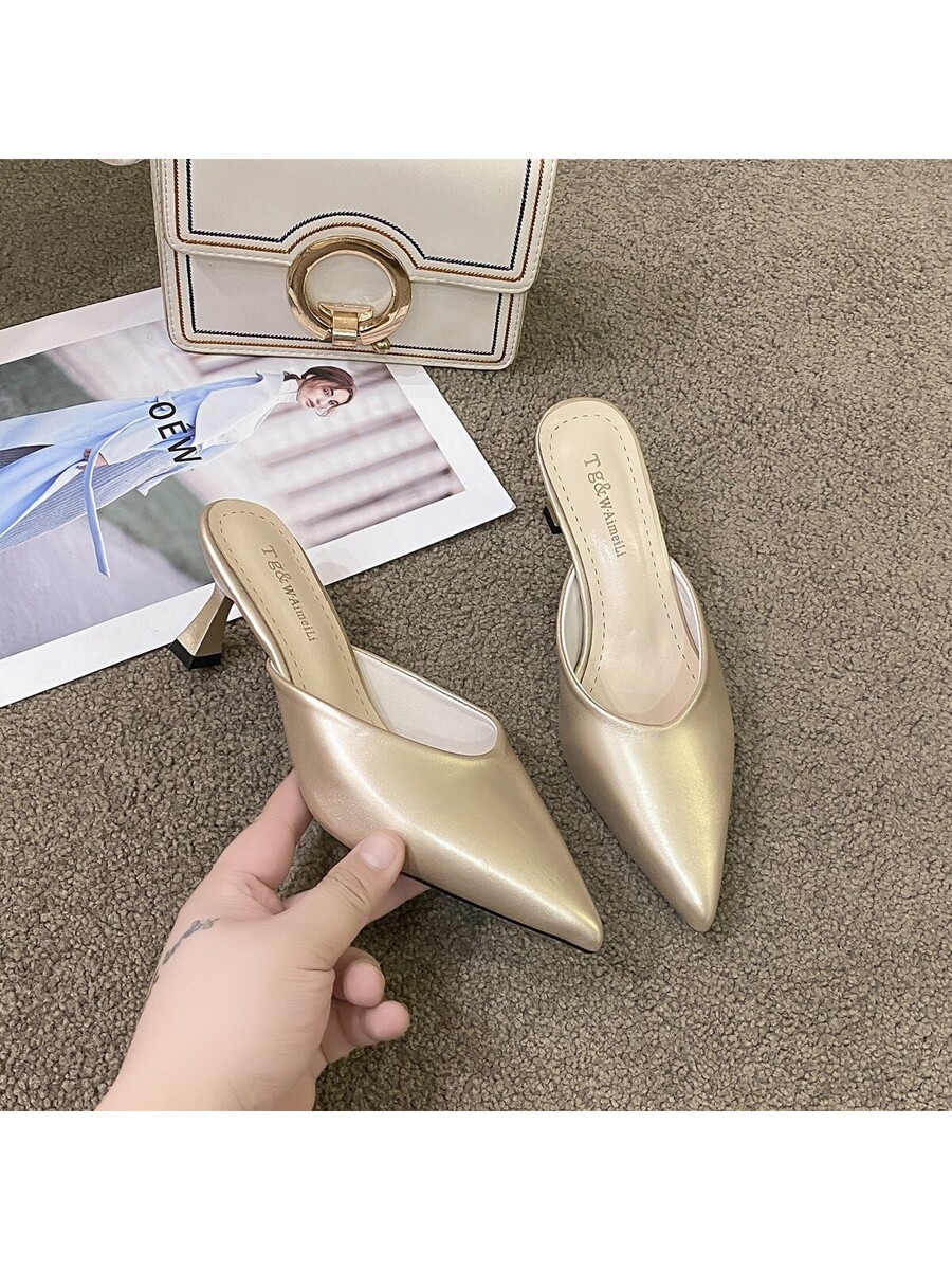 Women's Rhinestone Decorated Pointed Toe High Heel Slip On Sandals gold-4