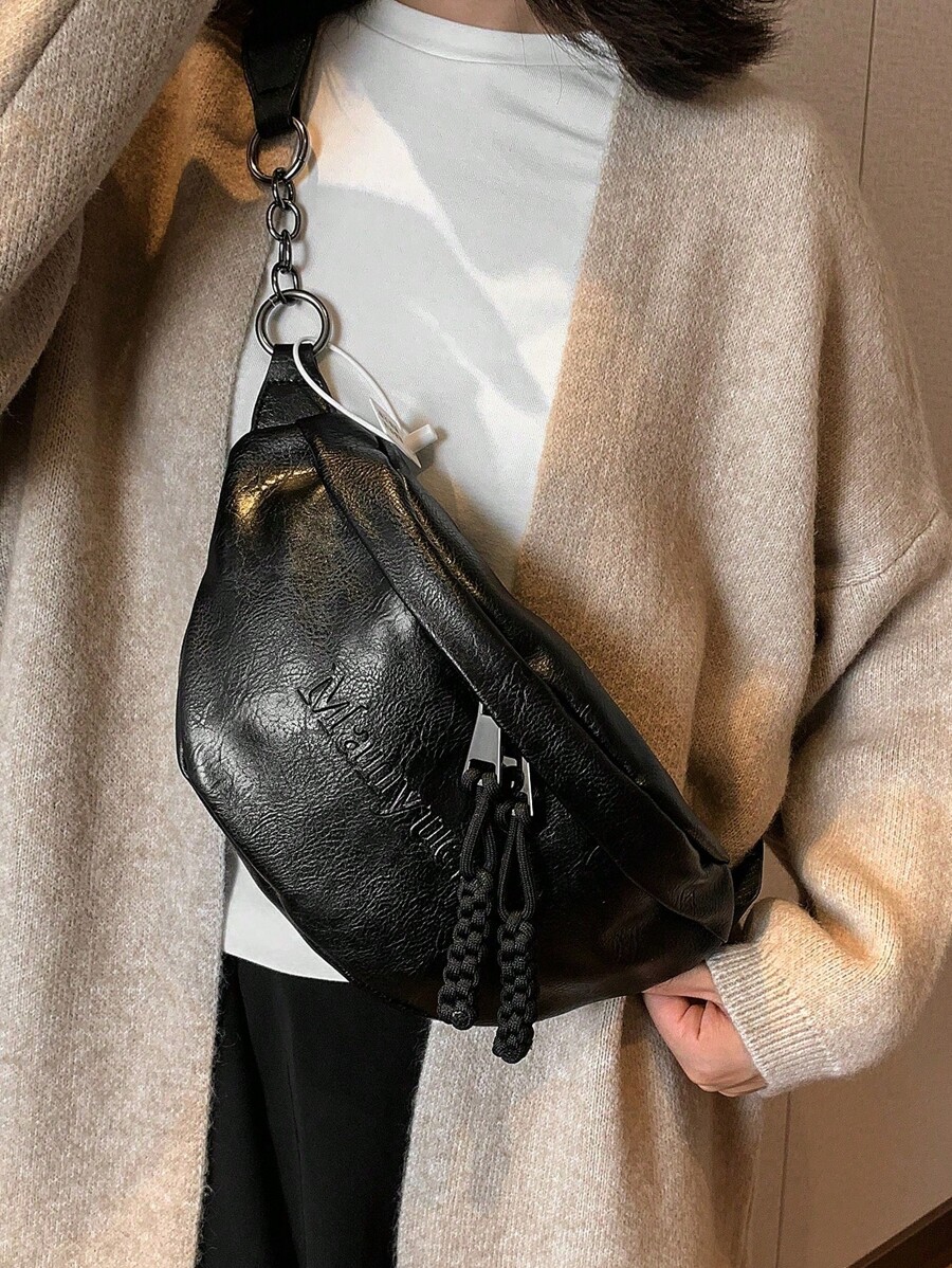 Women's Solid Color PU Chest Bag, Fashion Embossed Letter Minimalist Versatile Sporty Chest Pack-5
