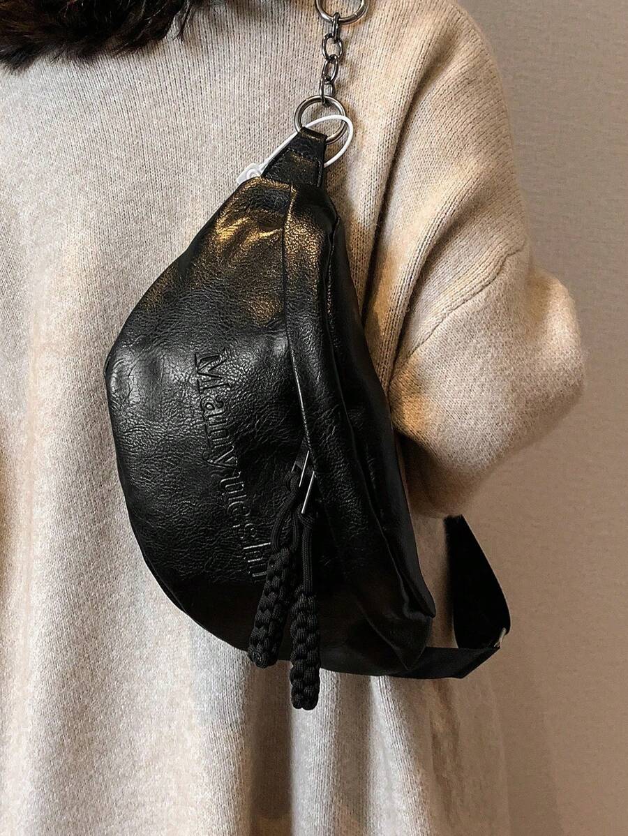 Women's Solid Color PU Chest Bag, Fashion Embossed Letter Minimalist Versatile Sporty Chest Pack-6