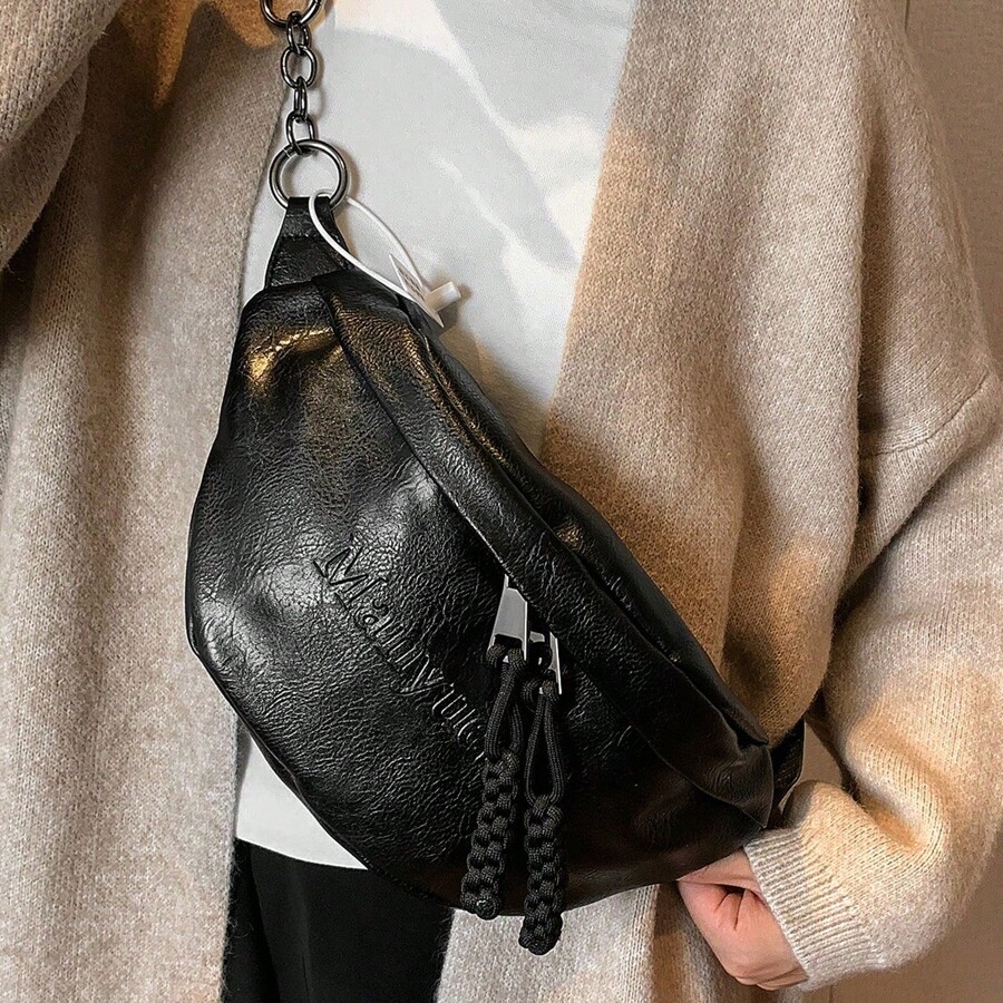 Women's Solid Color PU Chest Bag, Fashion Embossed Letter Minimalist Versatile Sporty Chest Pack-9