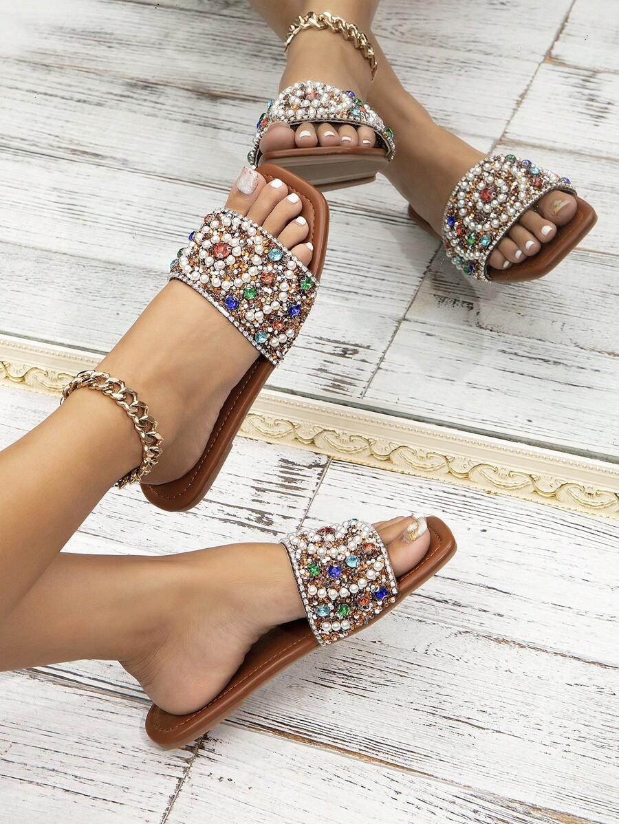 Women's Water Diamonds & Pearls Flat Sandals -5