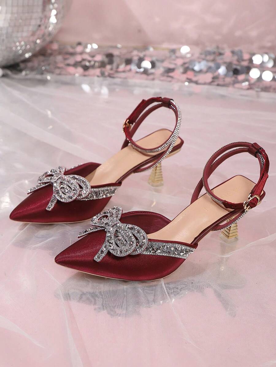 Women's Wedding Rhinestone Bow Tie High Heel Shoes burgundy-6