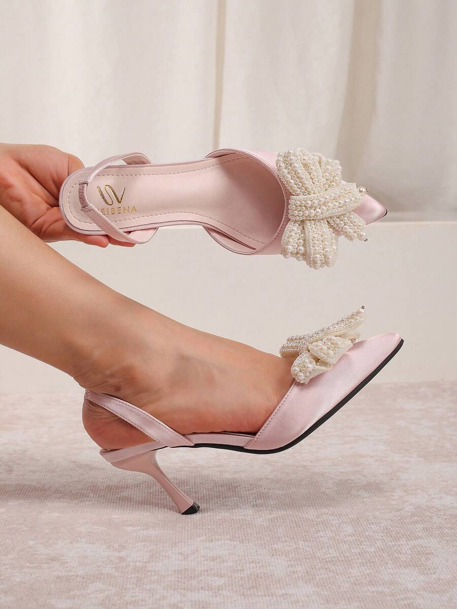 Women's White Faux Pearl Butterfly Decoration High Heels Pointed Toe Stiletto Sandals baby pink-2