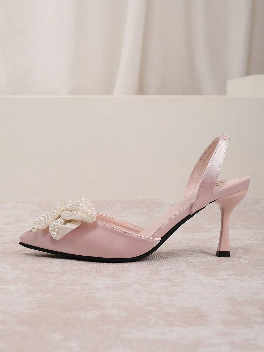 Women's White Faux Pearl Butterfly Decoration High Heels Pointed Toe Stiletto Sandals baby pink-8
