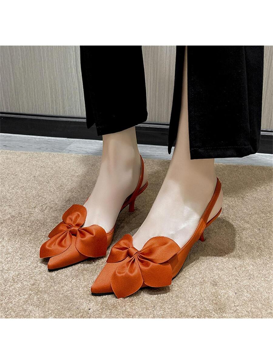 vOrange High Heels Women Fashion Pointed Toe Stilettos Satin Closed Toe Bowknot Slip-On Pumps-3