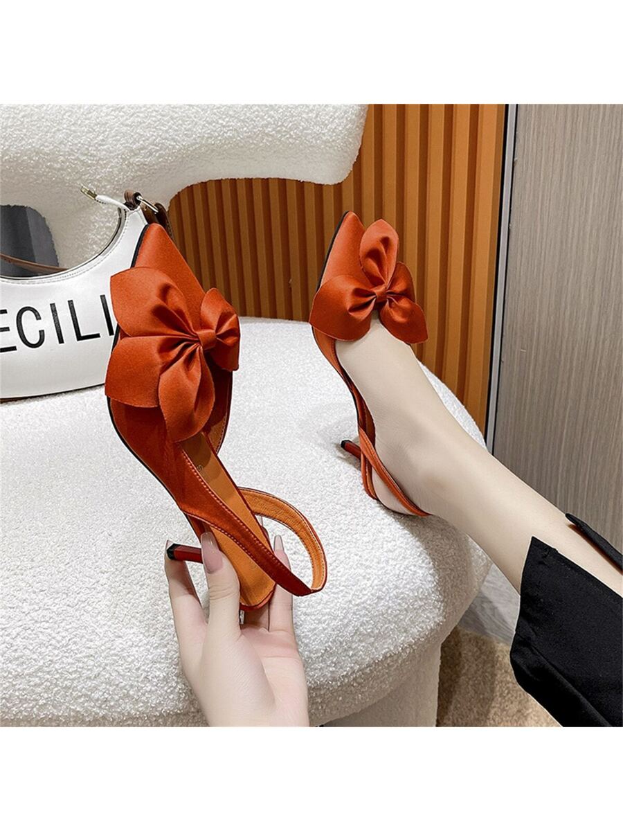 vOrange High Heels Women Fashion Pointed Toe Stilettos Satin Closed Toe Bowknot Slip-On Pumps-5